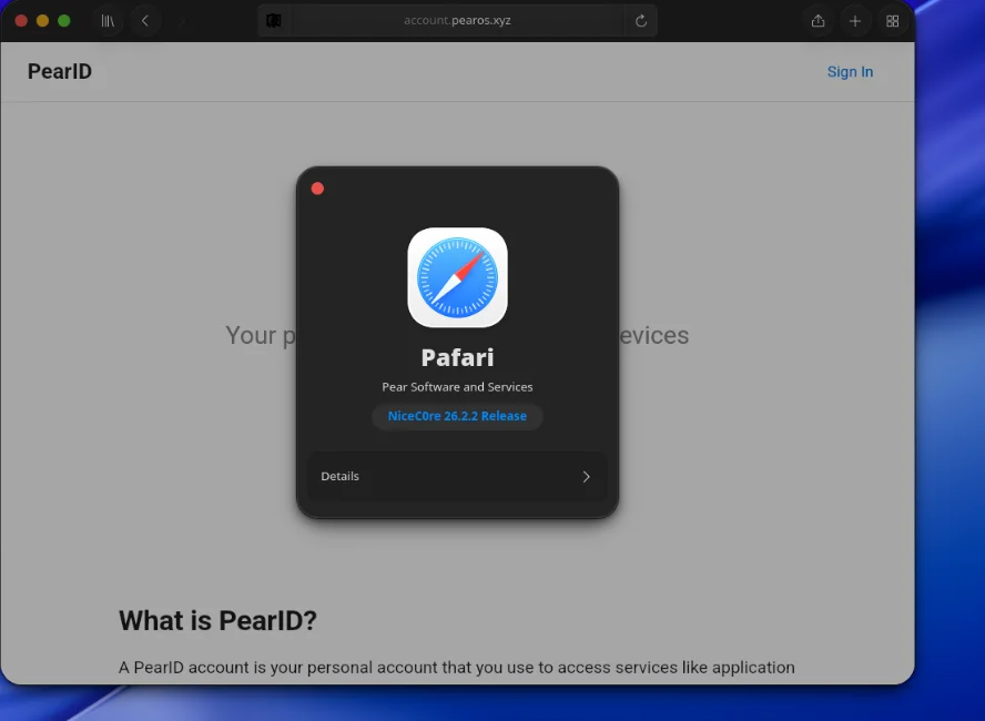 A terminal window open on the pearOS NiceC0re desktop